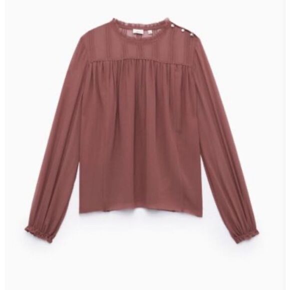 Wilfred Burgundy Chiffon Sheer Pleated Ruffle Collar Lourdes Blouse Size Medium - Picture 1 of 10